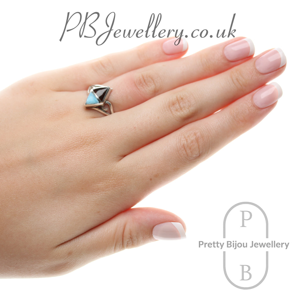 Amber and larimar geometric inlay sterling silver ring, size N½ – view 4