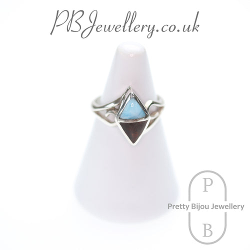 Amber and larimar geometric inlay sterling silver ring, size N½ – view 1