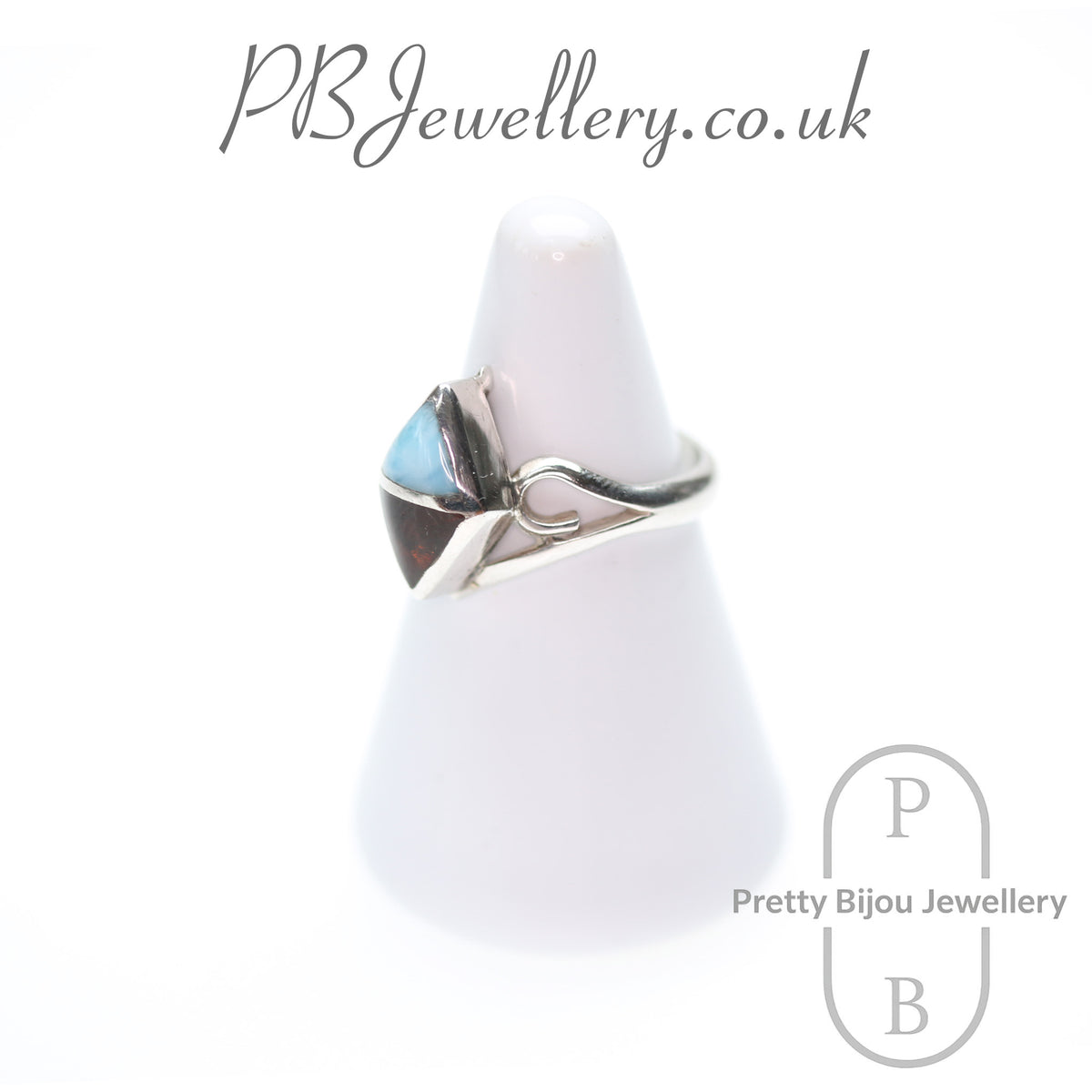 Amber and larimar geometric inlay sterling silver ring, size N½ – view 2