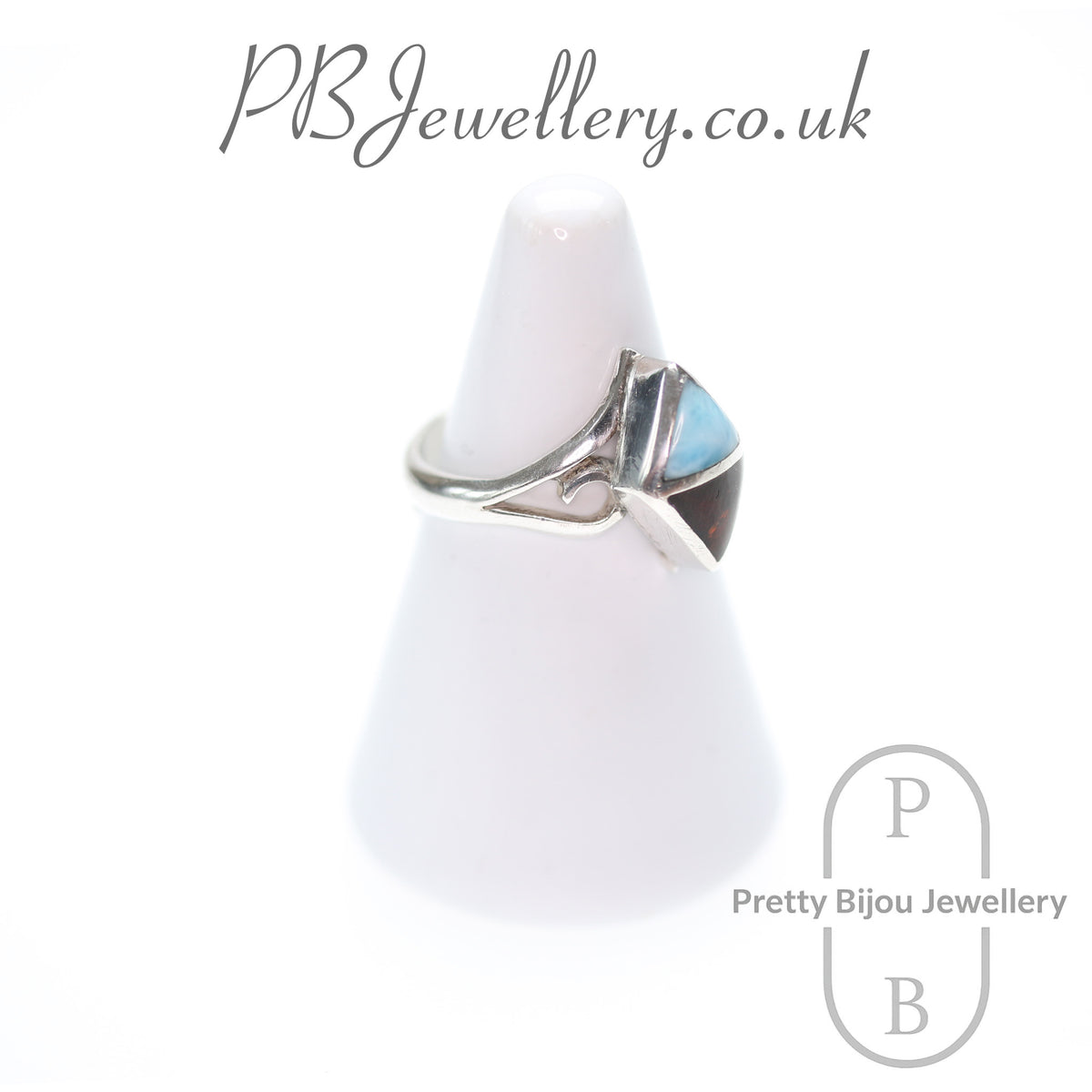 Amber and larimar geometric inlay sterling silver ring, size N½ – view 3