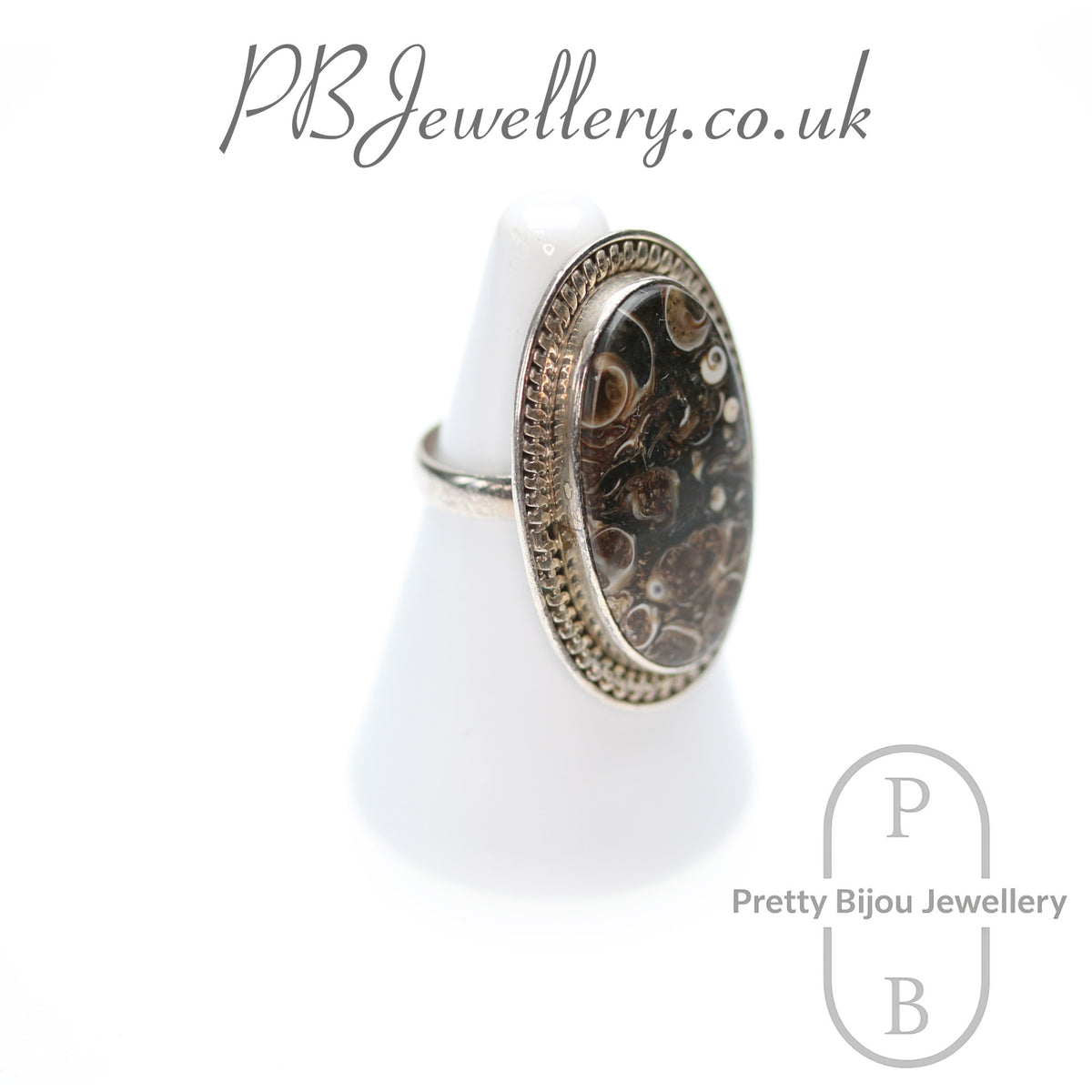 Turritella agate sterling silver ring, size O½ – view 3