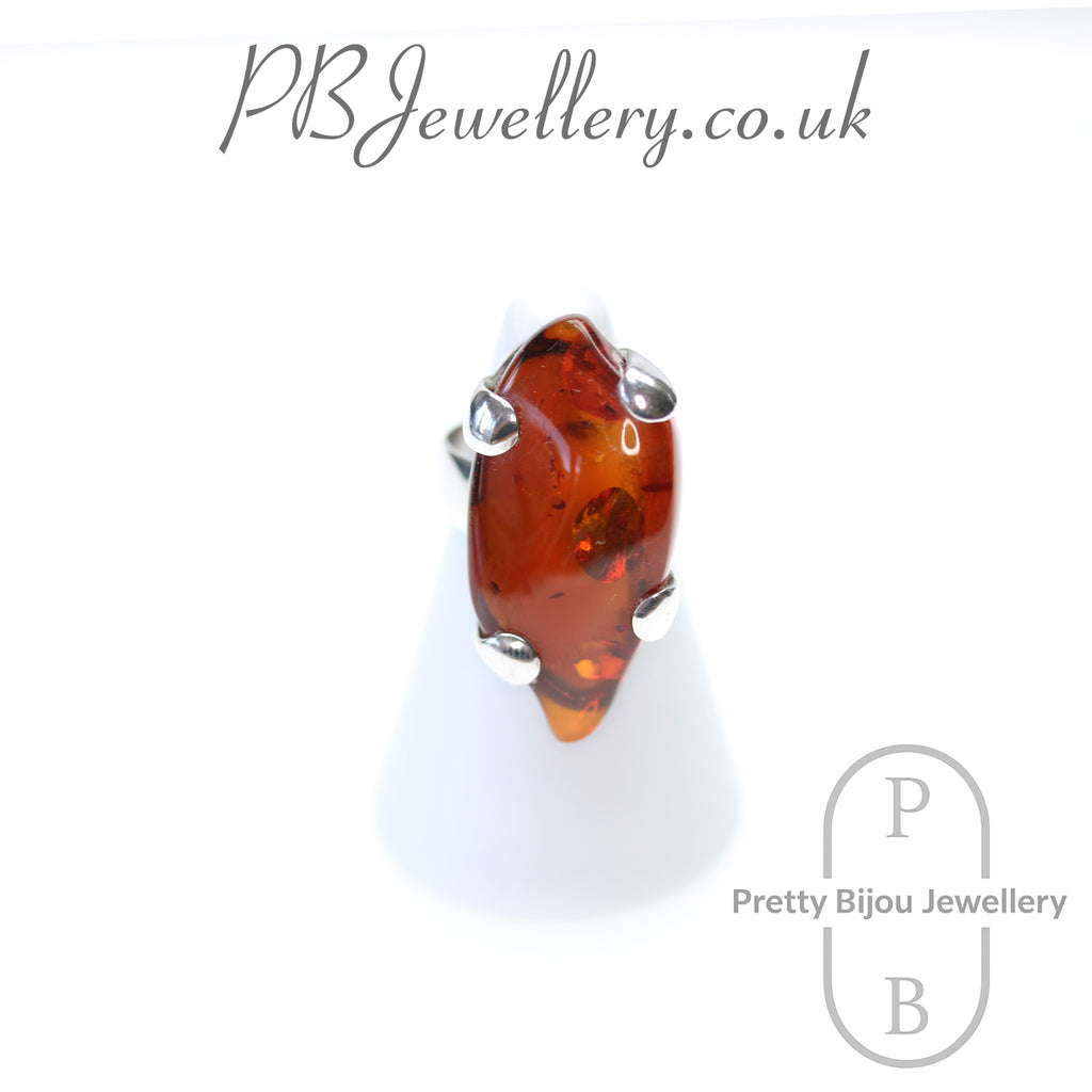 Elongated oval amber sterling silver statement ring, size M – view 1
