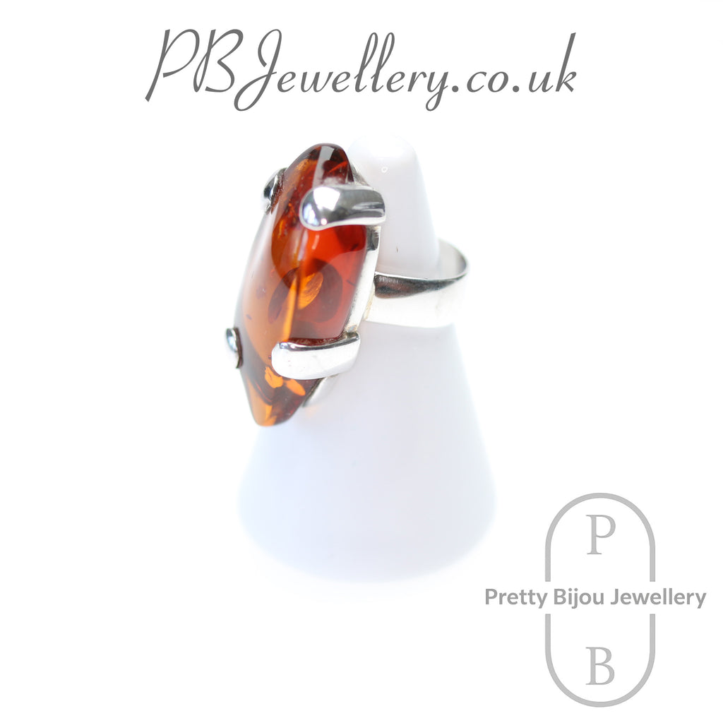 Elongated oval amber sterling silver statement ring, size M – view 2
