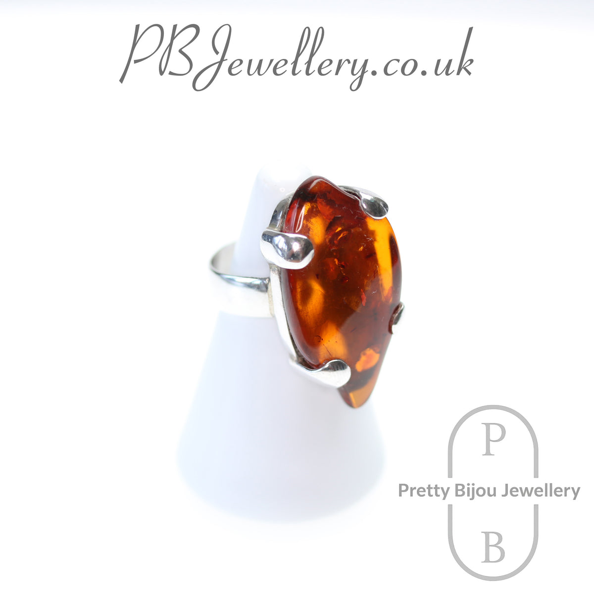 Elongated oval amber sterling silver statement ring, size M – view 3