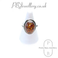 Large oval amber sterling silver ring – view 1