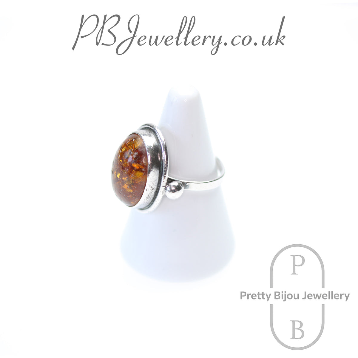 Large oval amber sterling silver ring – view 2