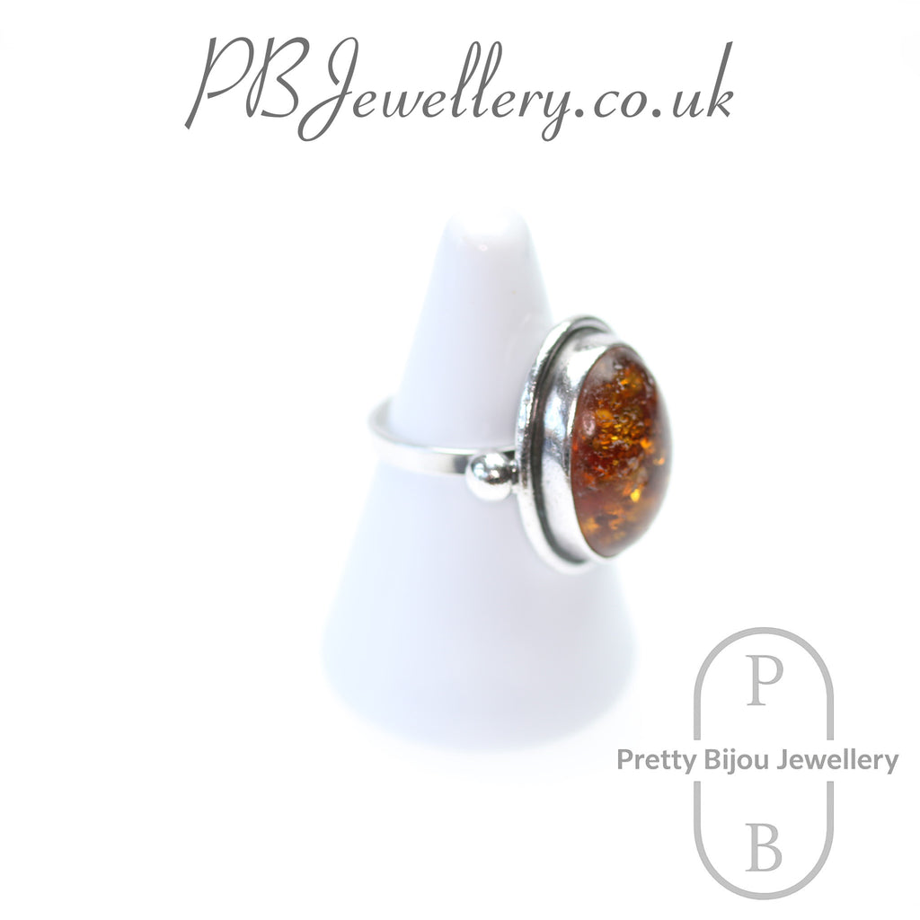 Large oval amber sterling silver ring – view 3