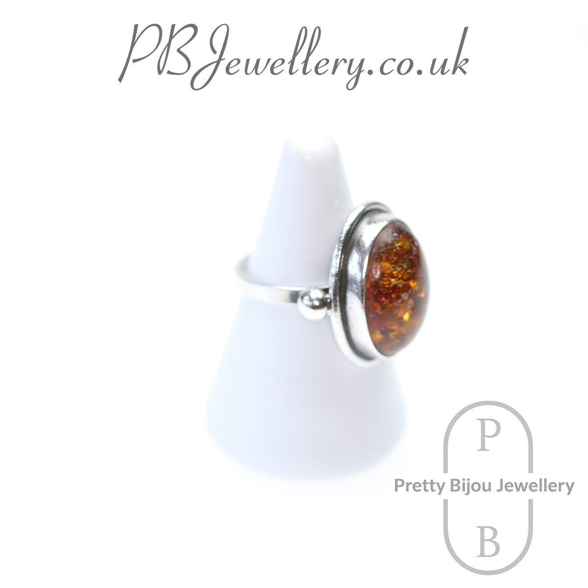 Large oval amber sterling silver ring – view 3