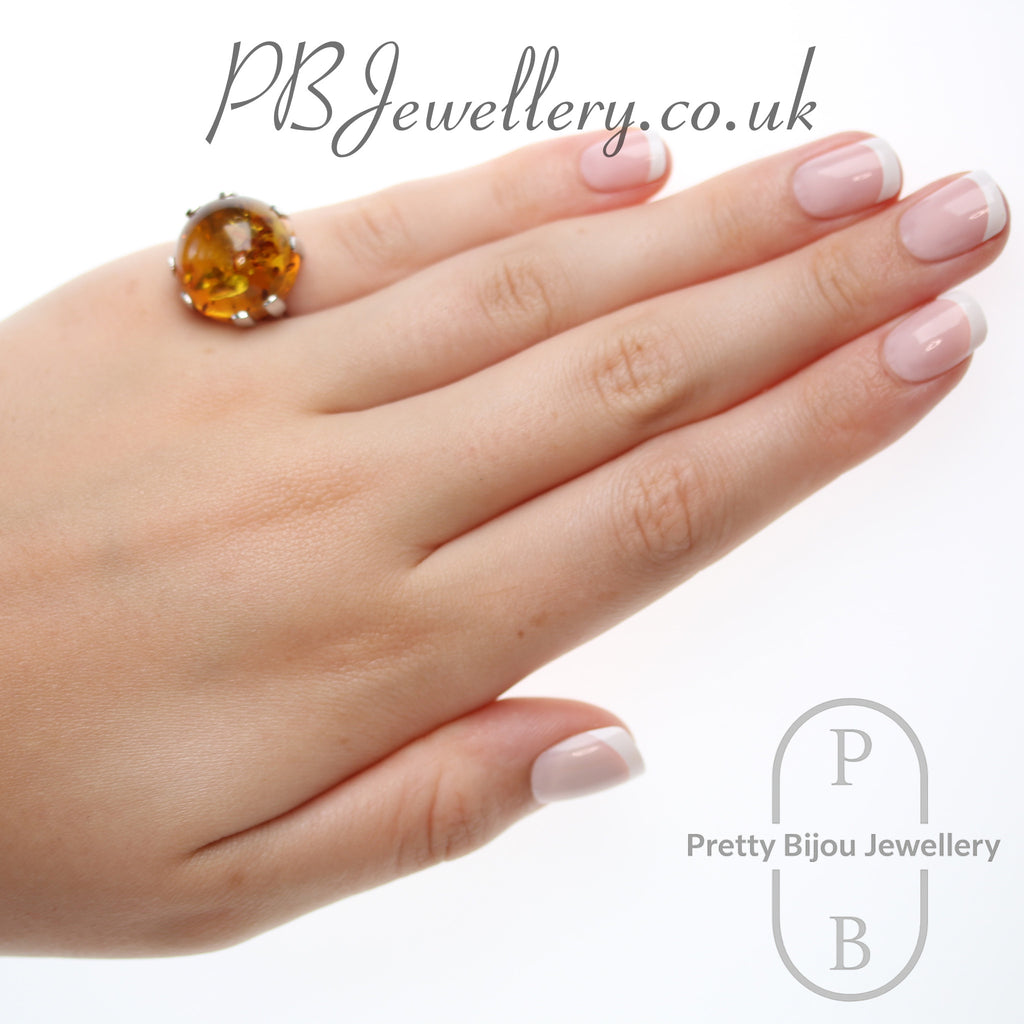 Round amber cabochon sterling silver ring, size N – view 4