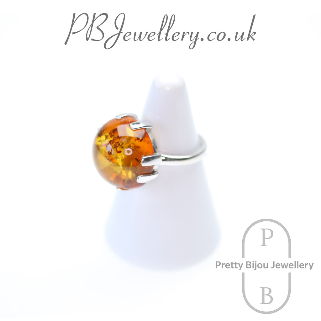 Round amber cabochon sterling silver ring, size N – view 2