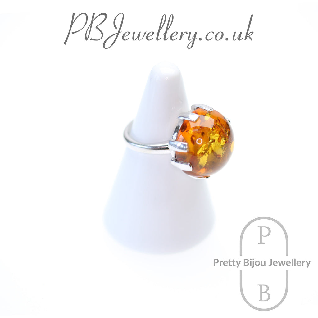 Round amber cabochon sterling silver ring, size N – view 3