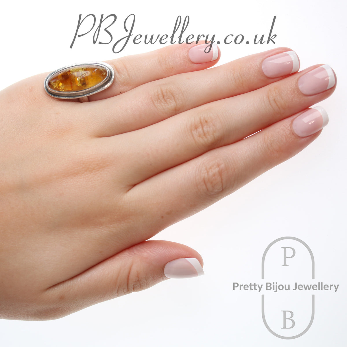 Classic oval amber bezel-set silver ring, size J – view 4