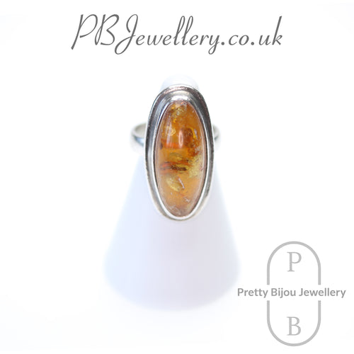 Classic oval amber bezel-set silver ring, size J – view 1