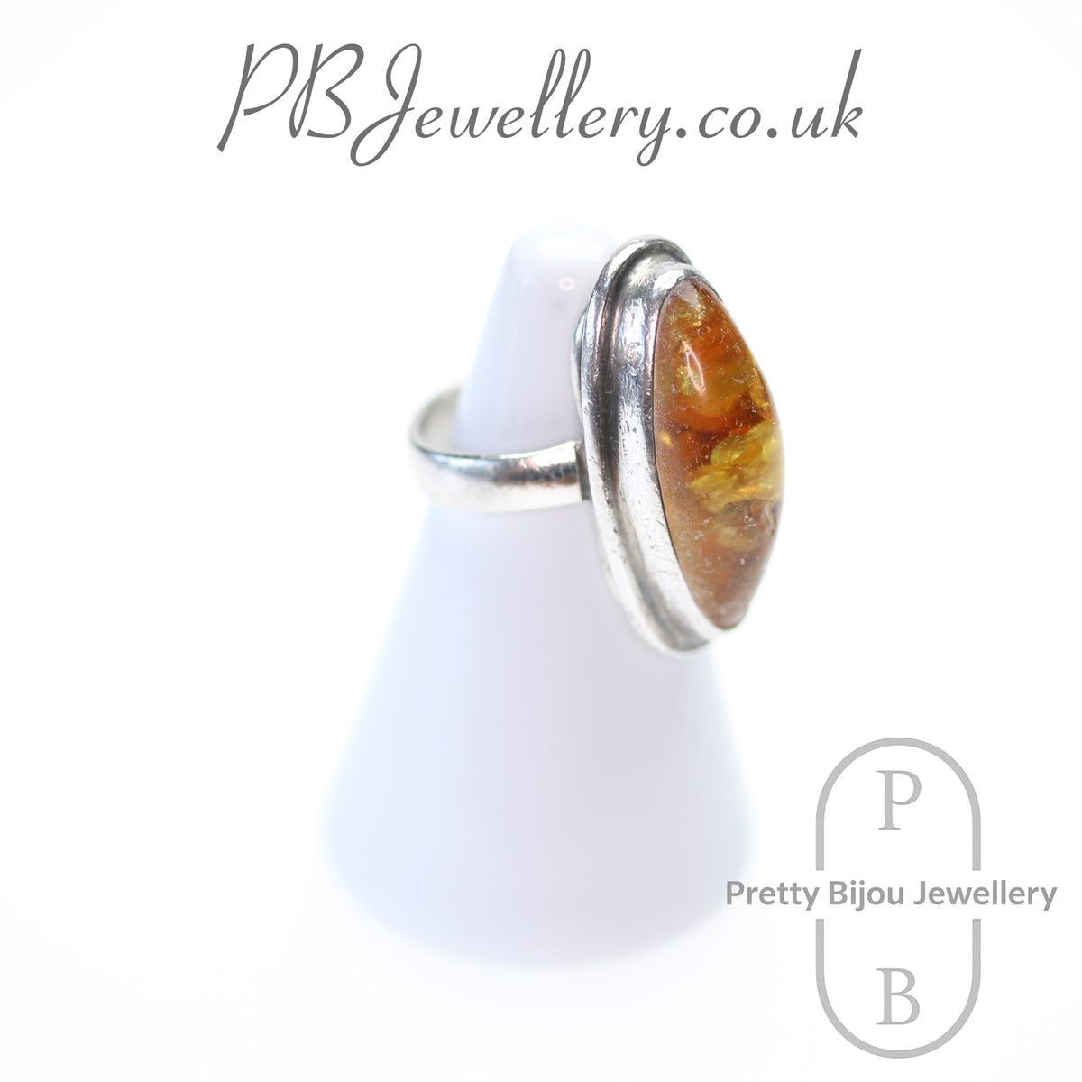Classic oval amber bezel-set silver ring, size J – view 3
