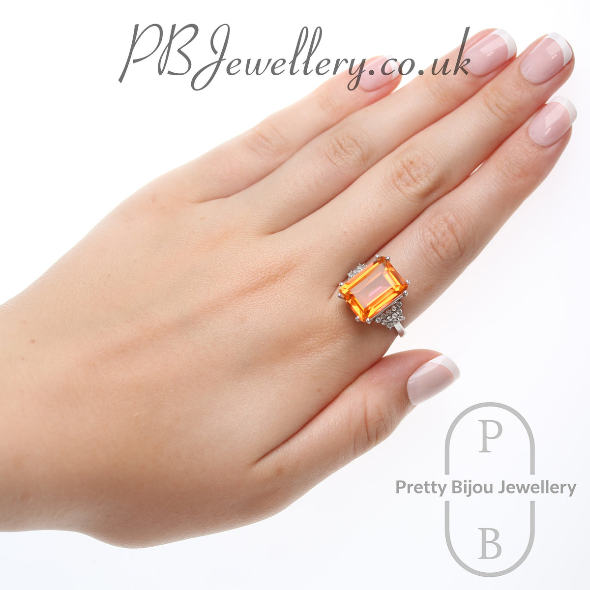 Emerald cut citrine sterling silver ring, size T – view 4