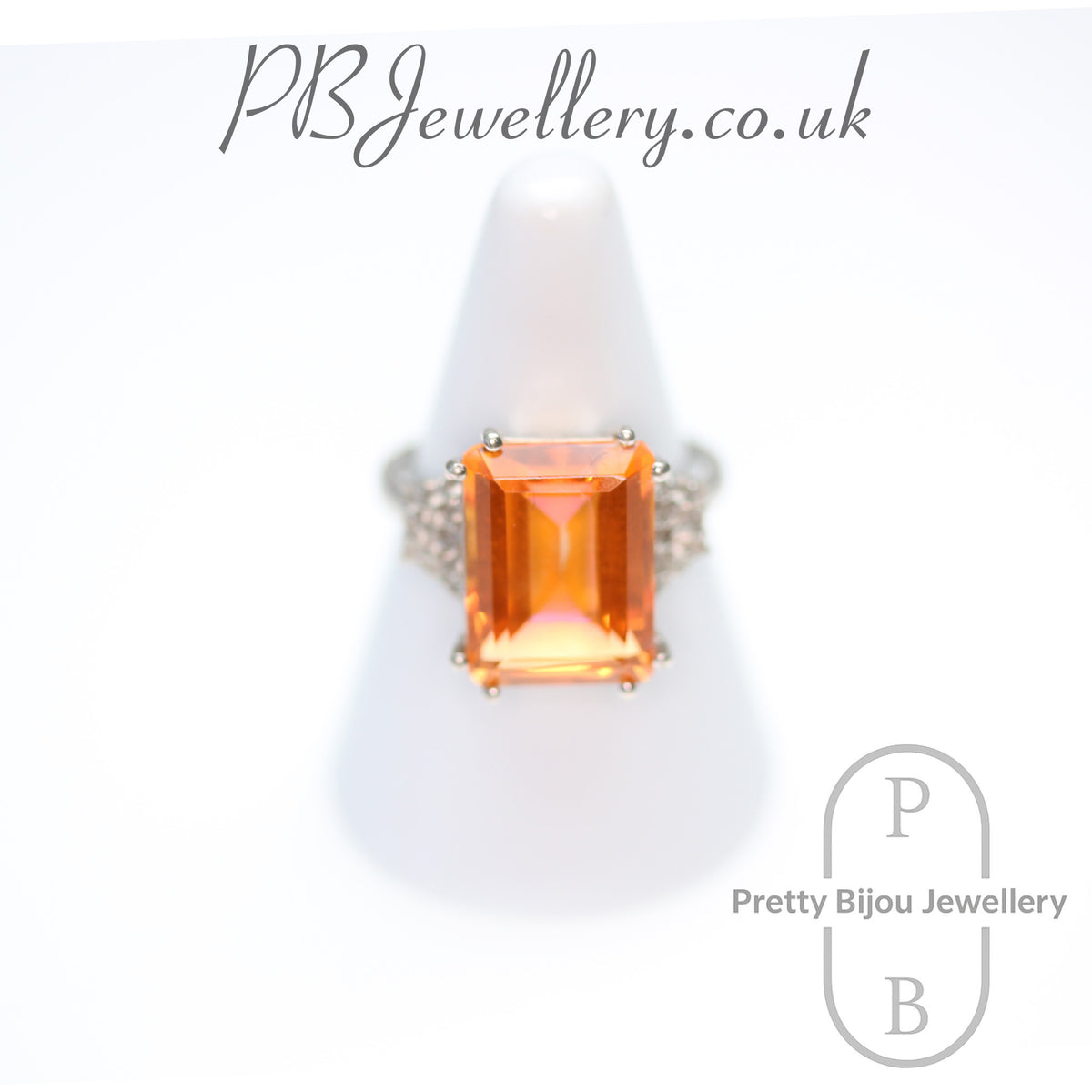 Emerald cut citrine sterling silver ring, size T – view 1