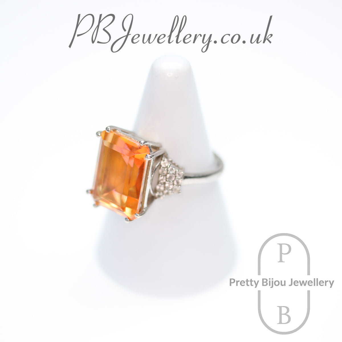 Emerald cut citrine sterling silver ring, size T – view 2