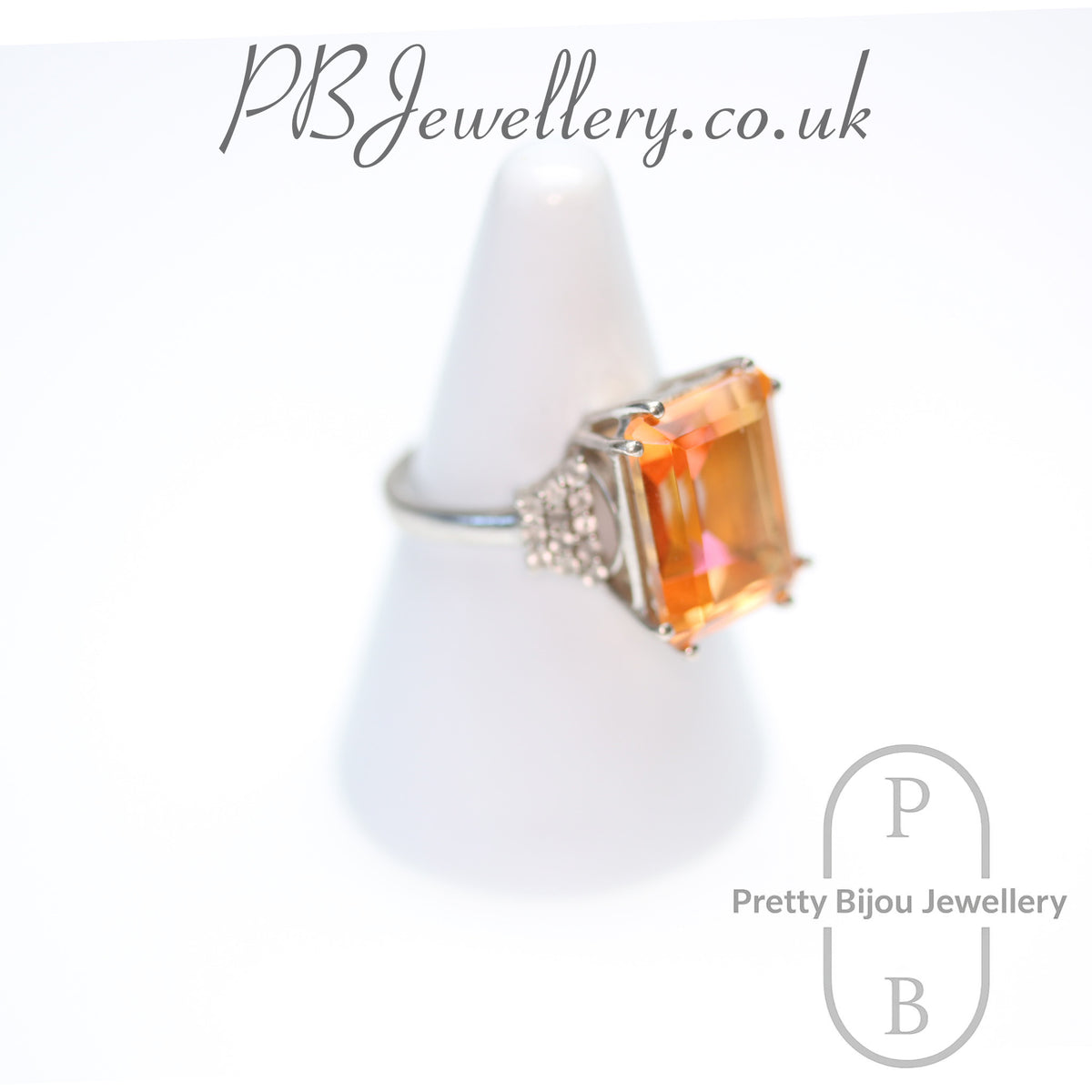 Emerald cut citrine sterling silver ring, size T – view 3