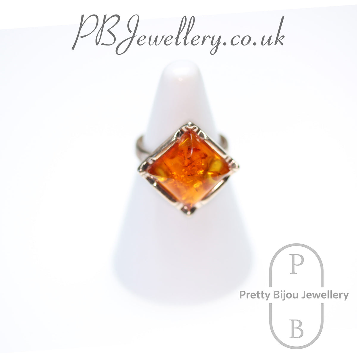 Square amber sterling silver ring, size N½ – view 1
