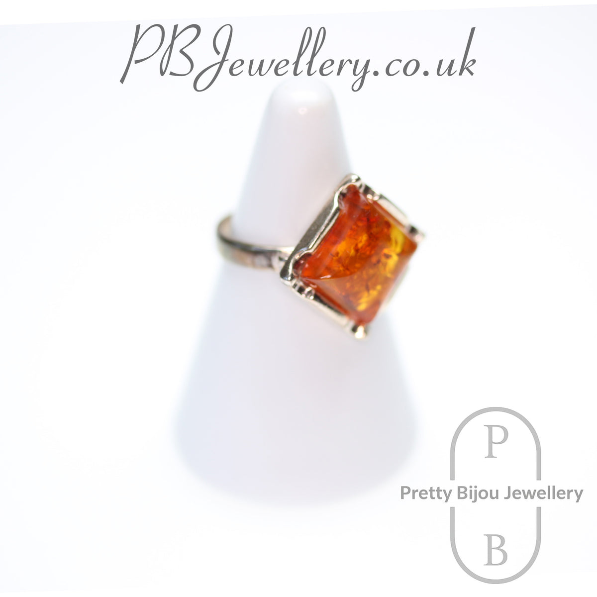 Square amber sterling silver ring, size N½ – view 2