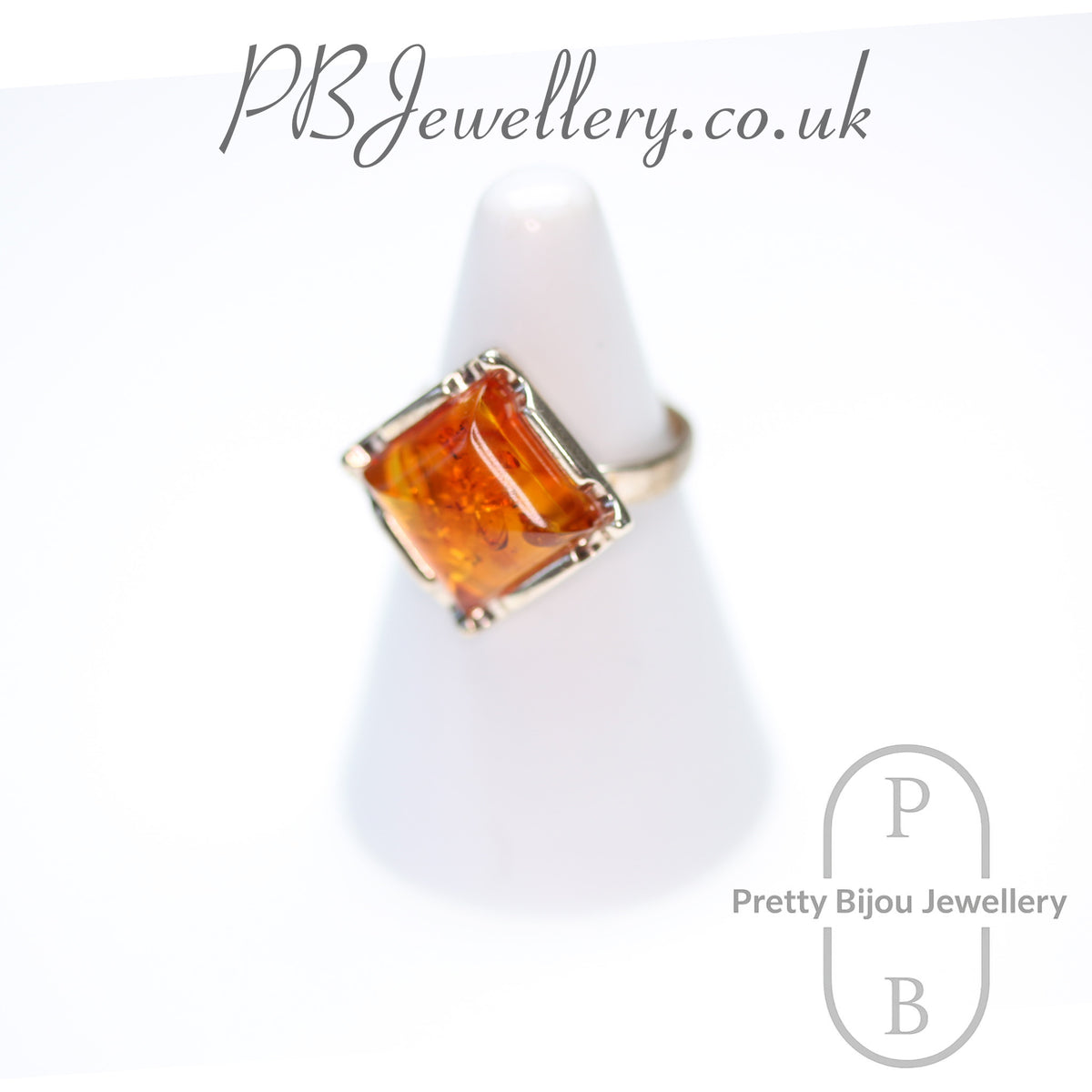 Square amber sterling silver ring, size N½ – view 3